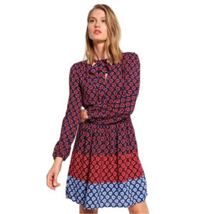 Gap Color Block Tie Neck Blue and Red Dress with Clover Print Women’s Size 2